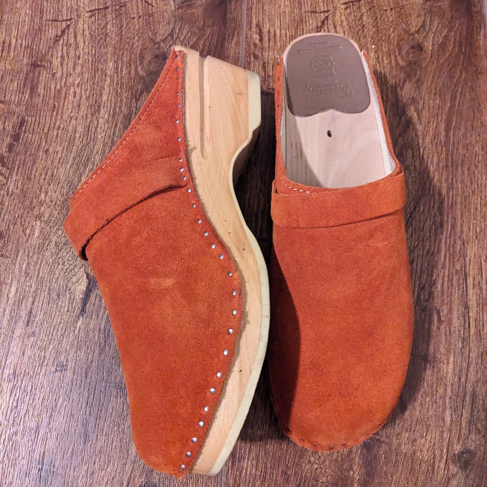 Women's Suede Clog Mules in Rust Orange with Stud Detail